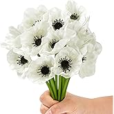 Artificial White Flower, 12 PCS Black and White Flowers, 11 Inch Silk Anemone Flower, Stems PU Real Touch Fake Flowers in White with Black Center for Wedding Memorial Day Centerpiece Home Kitchen