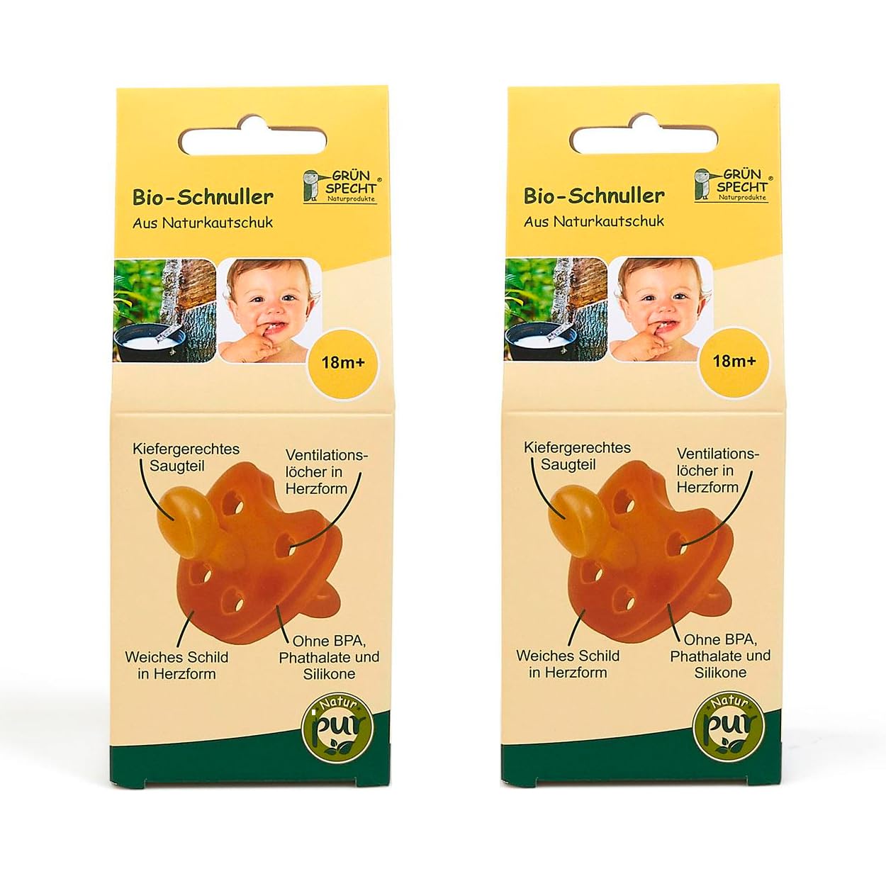 Gruenspecht Bio Dummies Natural Rubber 18 + Months Set of 2 Soft Heart Shield Orthodontic Shape