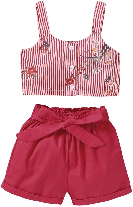 KpopBaby Toddler Girls 2Pcs Striped Floral Print Suspender Vest Top+Shorts Outfits Solid Ruffle Sling Tshirt Short Sets