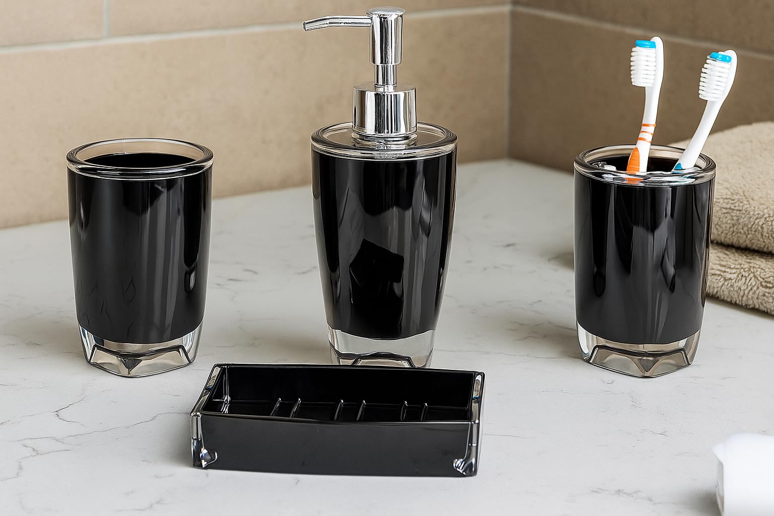 Fingey Modern Design 4 Piece Bathroom Accessory Set, Soap Dish, Tooth Brush Holder, Soap Dispenser, Rinse Cup (Black) — image 1