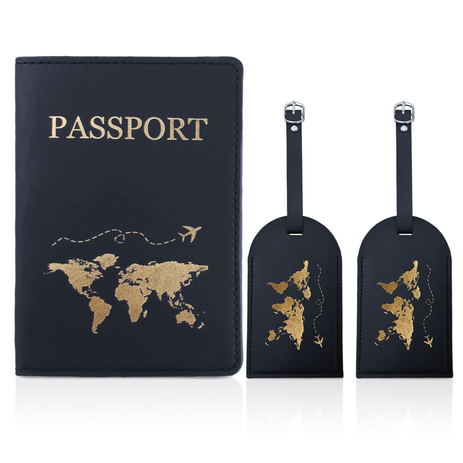 Passport Cover,3 PCS（1PCS Passport Cover + 2PCS Luggage Tag）,Passport Cover Made of Black Faux Leather with Gold Printing,Men's Passport Holder for Credit Cards, ID Card and Travel documents