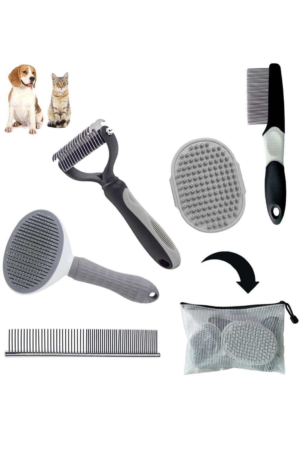 Photo 1 of 5PCS Grooming Kit for Dog,Puppy- Deshedding & Slicker Brush for Short-Haired Pets, Flea Comb and Grooming Comb Set Grey