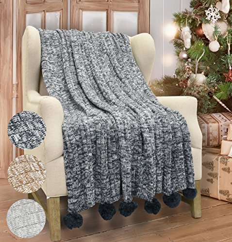 Catalonia Cable Knit Throw Blanket, Reversible Soft Pom Pom Throws Warm Crochet Sweater Blanket with Gift Box for Bed Couch Travelling 60x50 Black