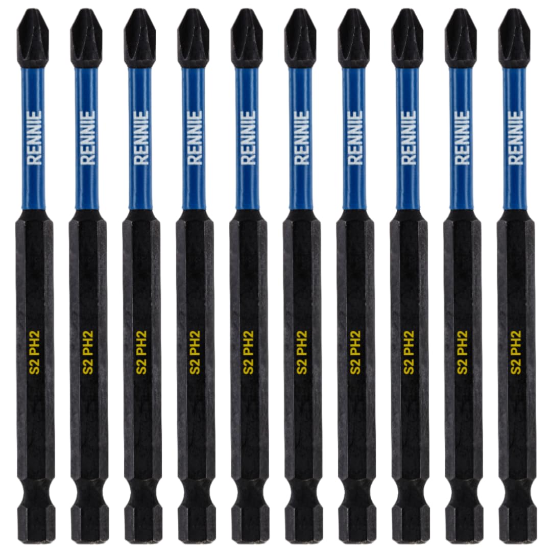 10 x Rennie Tools 100mm Long PH2 Impact Screwdriver Driver Bits Set. Magnetic Phillips No.2 Heavy Duty Impact Driver Bit Set. Extra Long PH2 Bits. Hex Shank. Cross Head. Black Oxide Coating