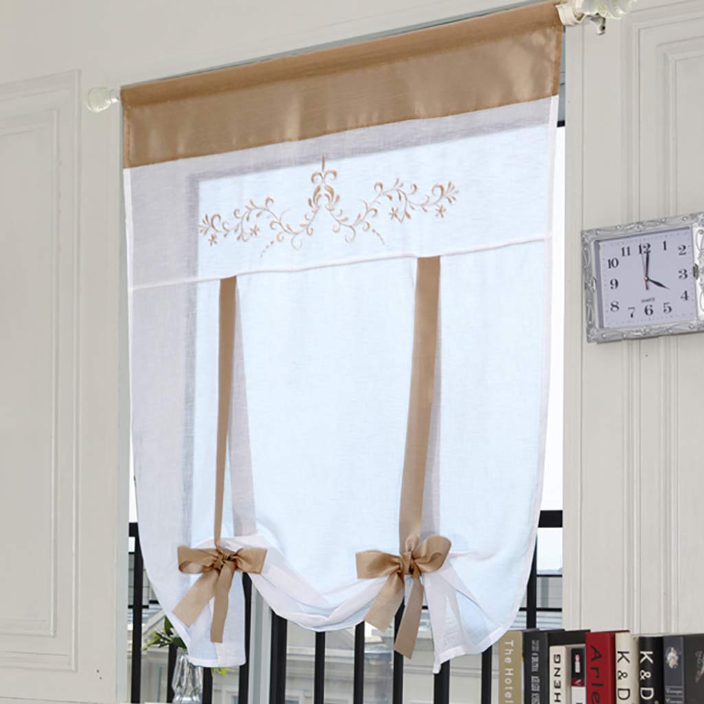 SIMPVALE 1 Piece Voile Tie up Curtain - Sheer Roman Blind Shade - Embroidery Curtains Tulle Panels Window Cover for Bedroom Study Bathroom Kitchen, 80x100cm, Light brown