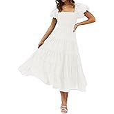 ZESICA Women's 2026 Summer Square Neck Short Puff Sleeve Solid Color High Waist Casual Smocked Flowy A Line Tiered Midi Dress