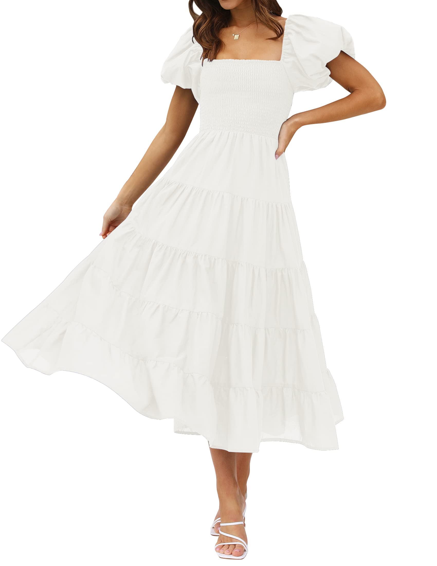Photo 1 of ZESICA Women's 2025 Summer Square Neck Short Puff Sleeve Solid Color High Waist Casual Smocked Flowy A Line Tiered Midi Dress,White,Small