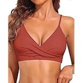 VividHarbor Women's Twist Front V Neck Bikini Top Padded Adjustable Spaghetti Straps Bathing Suit Tops Only