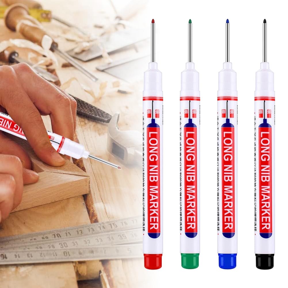 Deep Hole Marker, Carpenter's Pencil, Carpenter's Pencil for Wood, Metal, Paper, Waterproof and Quick Drying, Pack of 4