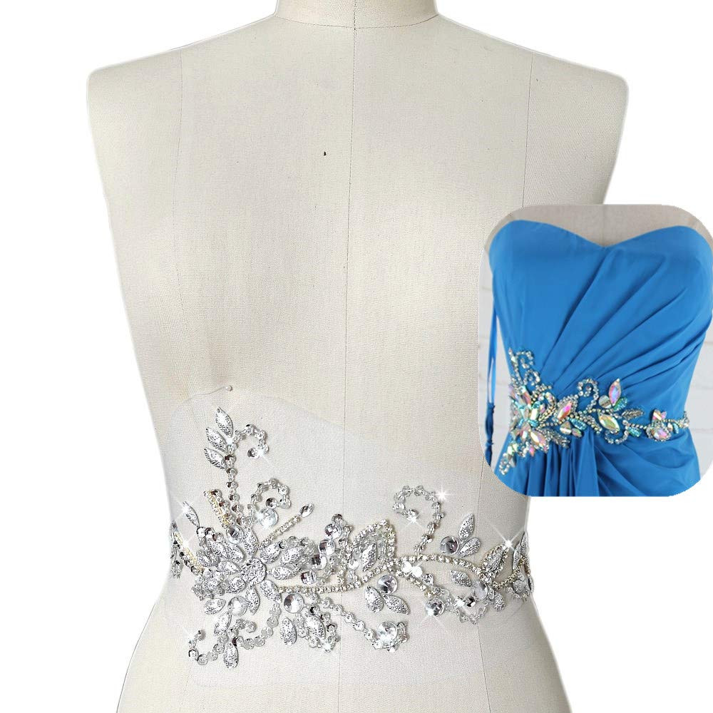 Photo 1 of 17x38cm Sew on Sequin Rhinestones Belt Crystal Appliques Designs Sewing Patch for DIY Costume Dress (Silver)