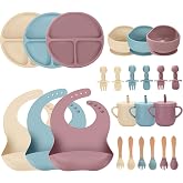 JELLDJK 24 PCS Silicone Baby Feeding Set, Baby Led Weaning Supplies Includes Suction Bowls and Divided Plates, Adjustable Silicone Bib, Spoons&amp;forks, Training cup with straw(Pink+Blue+Beige)