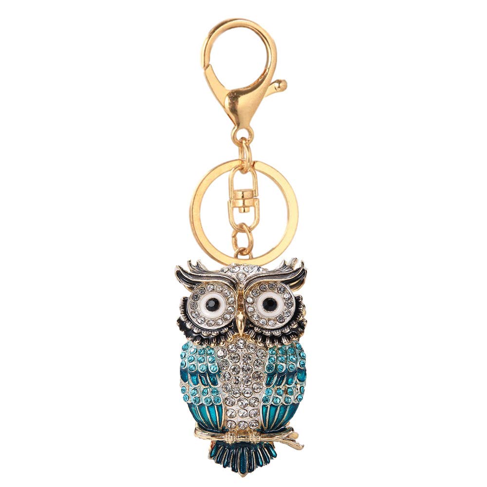 Cute Owl Rhinestones Keychain,Sparkling Alloy Charm Keyring Pendant (Blue)