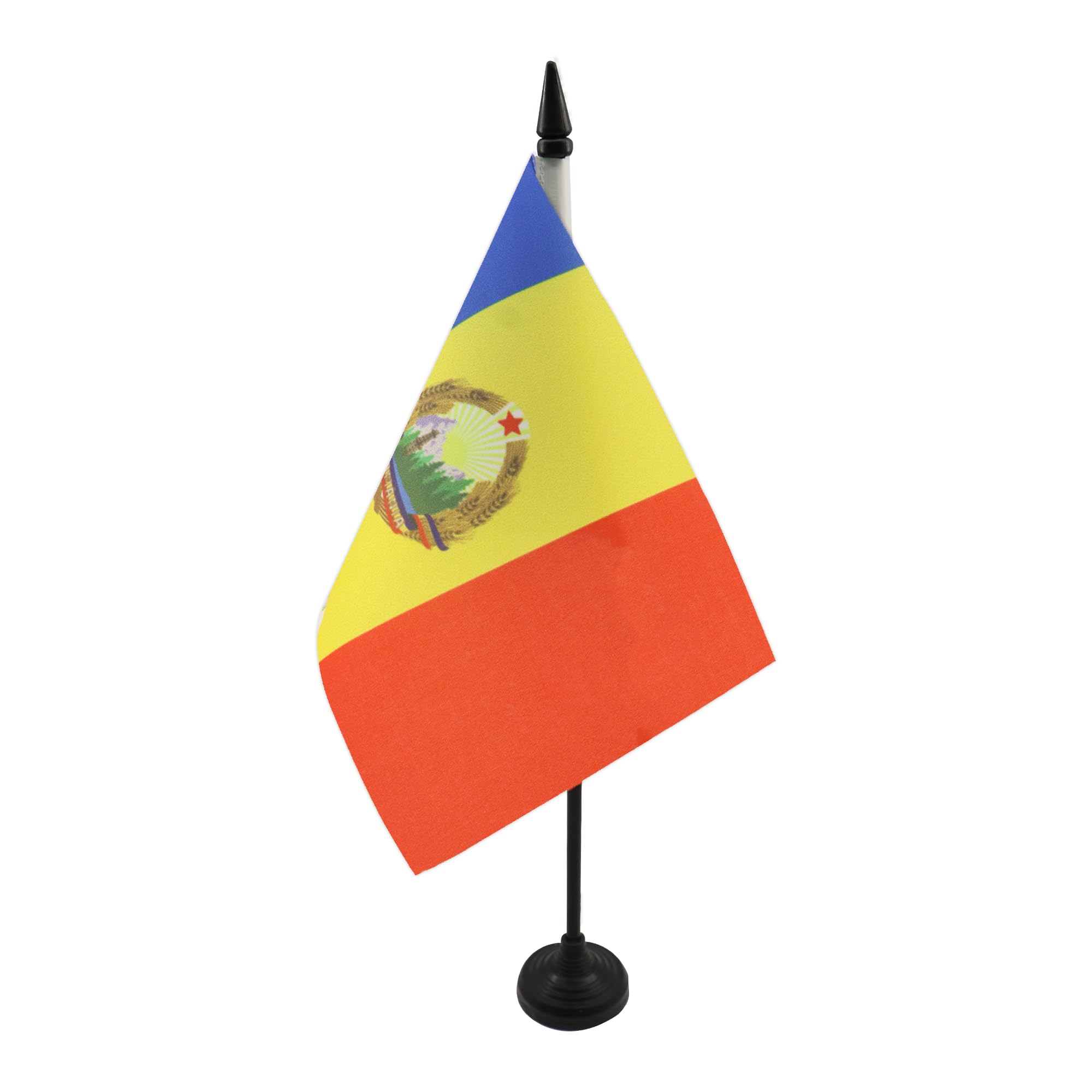 AZ FLAG Socialist Republic of Romania 1947-1989 Table Flag 5'' x 8'' - Romanian People's Republic Office Decoration 100% Polyester 21 x 14 cm - Mini Desk Flag with Pole and Black Plastic Base