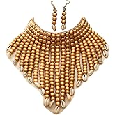 Wooden Beaded Seed Bib Necklace and Earrings Set for Women,Statement African Boho Layering Chunky Collar Choker Set