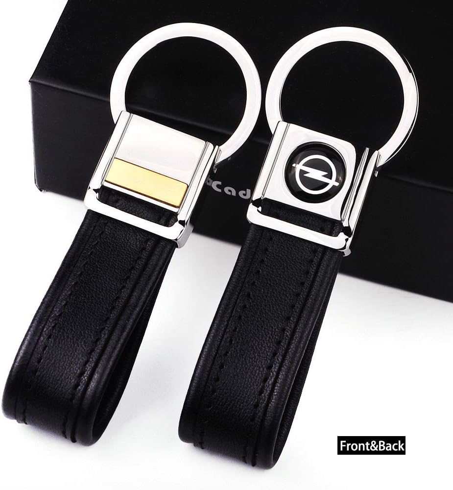 Cadtealir Highlight Stainless steel metal tab lock bucle inlaid with 18k golden chip with full grain nappa leather strap car key chain lanyard clips ring for Opel for men woman accessories