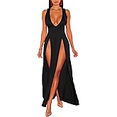 xxxiticat Women's Double Slit Maxi Tank Dress Sleeveless Deep V-Neck Low Cut High Split Cover Up Long Bodycon Wrap Dress
