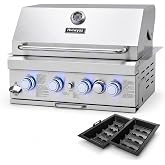Hvlwyaz Built In Gas Grill, 28-Inch 4-Burner Propane &amp; Charcoal Combo | Infrared Rear Burner, LED-Lit Knobs, Stainless Steel Build &amp; Rain Cover for Outdoor Kitchen Islands, Patios and Backyard BBQs