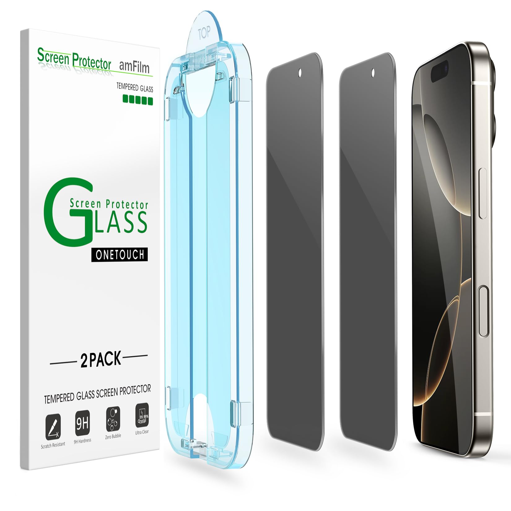 Photo 1 of amFilm Auto-Alignment OneTouch for iPhone 16 Pro [6.3''] privacy Screen Protector,Tempered Glass, 30 seconds Installation, Bubble Free, Case Friendly, Anti-Scratch [2Pack]