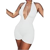 WDIRARA Women's V Neck Backless Sleeveless Skinny Knit Sexy Night Rompers