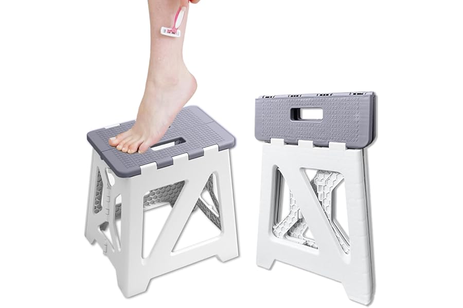 Shower Stool for Shaving Legs, 1 Pack Foot Rest Folding Stool Step to Shave Legs Shaving for Inside Shower Foldable Small Waterproof Plastic Corner Gray White