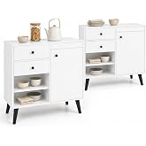 GIANTEX Buffet Cabinet with Storage Set 2, 31" Wooden Sideboard Cabinet | Kitchen Cupboard With 2 Drawers, Open Compartments &amp; Door For Dining Room, Living Room And Entryway, White