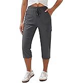GRAPENT Capri Pants for Women Cargo Elastic Waist Pull On Drawstring Summer Casual Capris Cotton Chino Cropped Pants
