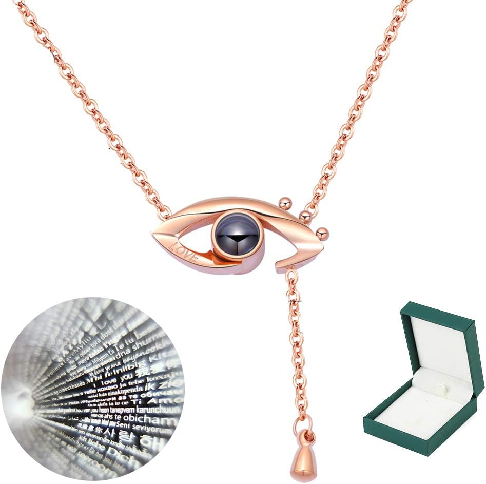 Jetloter I Love You Evil Eye Necklace, 100 Languages Projection on Round Onyx Pendant Collarbone Necklace Rose Gold