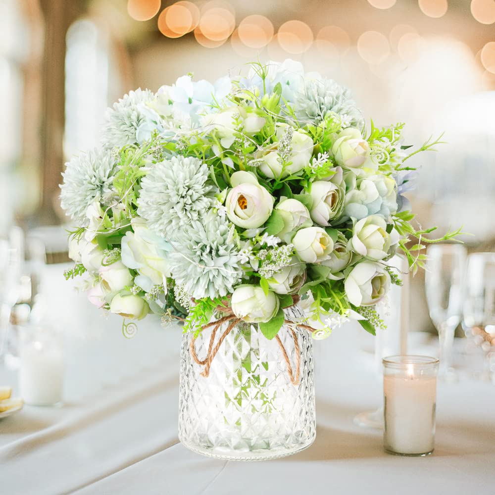 Artificial LED Green Rose Flowers with Glass Vase, Remote Control Led Light, Flower Arrangement for Table Centerpiece, Home Office Wedding Decoration (Green)