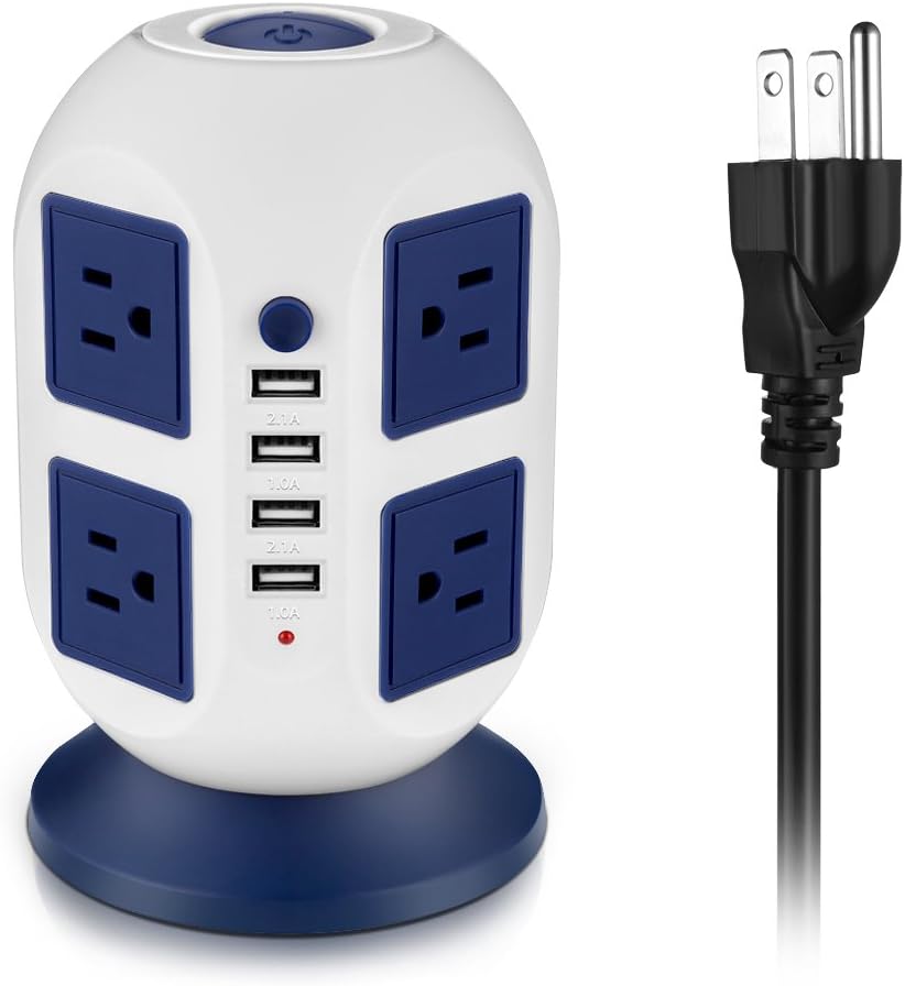 GUSTALA Power Strip 8 Outlet Plugs Surge Protector with 4 USB Power Strips Tower 6.5ft Charging Station 2500W Universal Socket for PC Laptops Mobile (Blue-White)