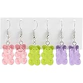 3Pairs Gummy Bear Earrings, Lovely Candy Color Translucent Jelly Bear Dangle Earrings for Women Cute Trendy Jewelry-purple green pink