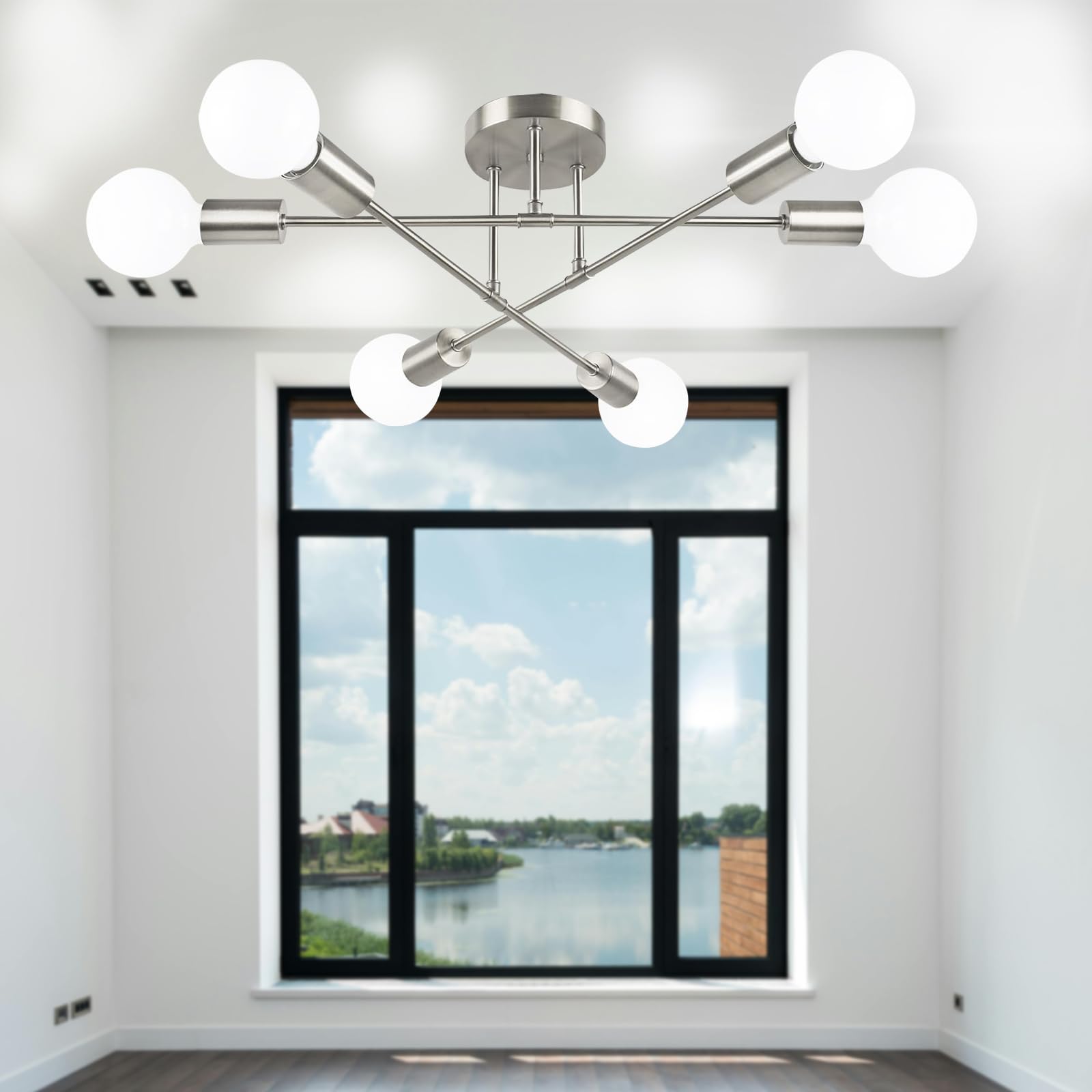 Modern Ceiling Light Fixtures, Adjustable 6-Light Sputnik E27 Chandelier, Semi-Flush Mount Pendant Lighting, Plated Finish for Bedroom, Dining Room, Kitchen, Office(Bulbs, shade not included)