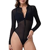 Kepblom Women's Sheer Mesh Bodysuit Sexy Zip Front Long Sleeve See Through Leotard