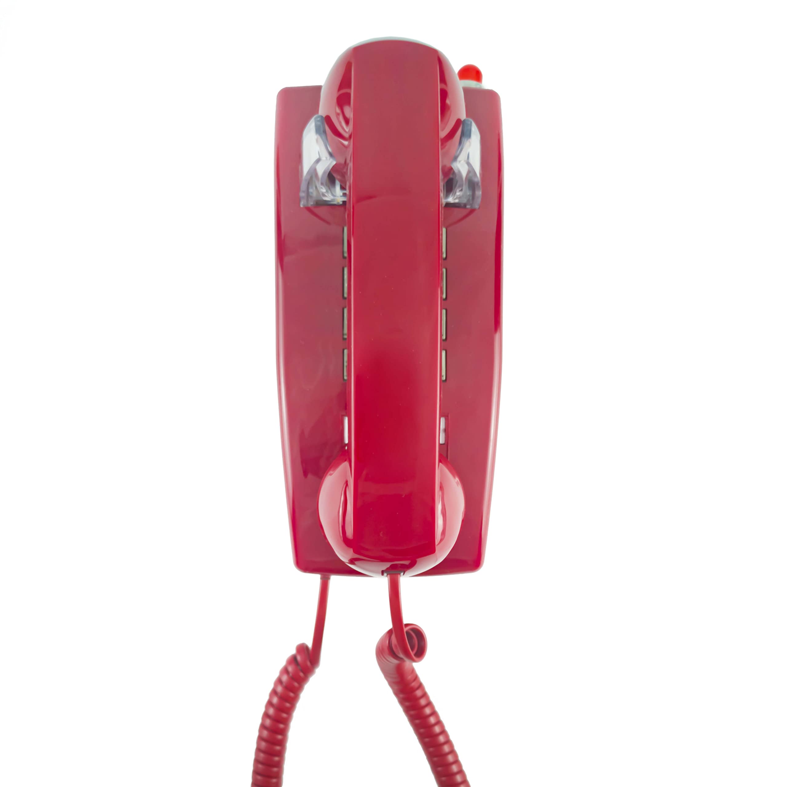 Opis Wallfon Cable: Red Wall Mounted Telephone - the Corded Landline Wallphone in Retro Style just like a Vintage Wall-Mounted Phone of Old