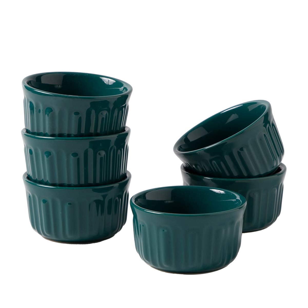 FE Souffle Dish, Stoneware Ramekins Set of 6, 240ml Rome Pillar Creme Brulee Dishes For Dipping Sauces, Pudding, Ice Cream, Classic Style oven safe bowl(Turquoise)