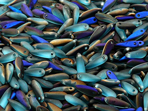 50 pcs Czech Glass Dagger Beads Small 10x3mm, Aqua Azuro Matte