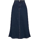 Belle Poque Vintage Denim Skirts for Women Elastic High Waist Frayed Raw Hem A-Line Maxi Long Jean Skirts with Pockets