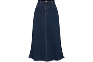Belle Poque Vintage Denim Skirts for Women Elastic High Waist Frayed Raw Hem A-Line Maxi Long Jean Skirts with Pockets