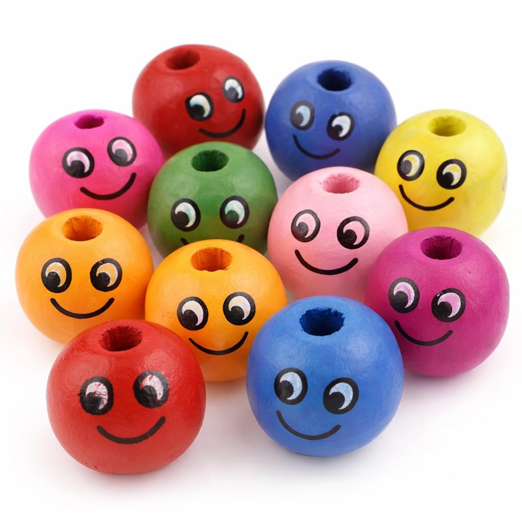 Perlin Wooden Beads, 14 mm, Happy Face Threading Beads, Smile, Wooden Beads, Jewellery Beads for Crafts, Threading, 3 mm Hole, Pack of 60, Colourful, Mixed, Round