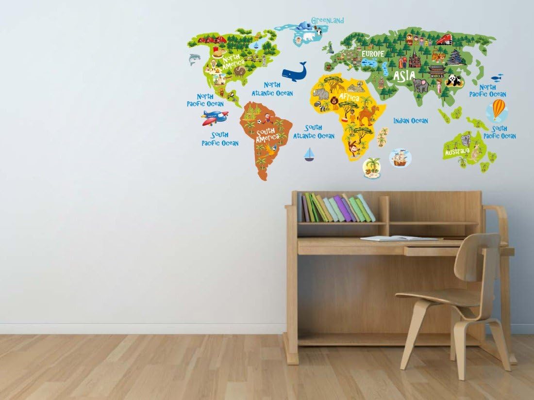 lepni.me World Map Kid’s Room Décor Peel and Stick Vinyl Sticker with Continents Oceans and Animals, Medium - Image 4