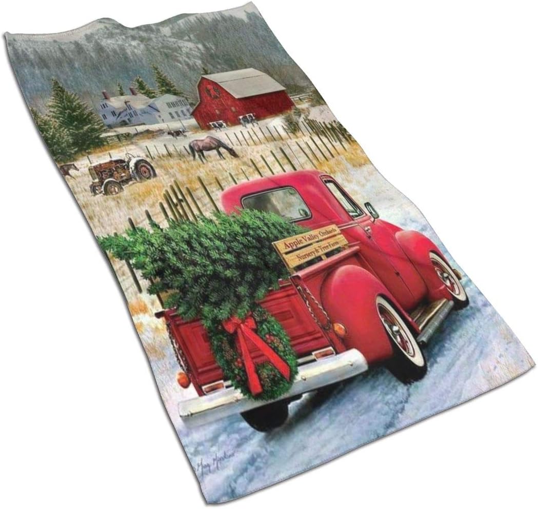 Delerain Christmas Red Truck Hand Towel, Microfiber Bath Towels Lightweight Soft Highly Absorbent Washcloth for Bathroom Gym Sports Spa Travel Camping (27.5" x 15.7")