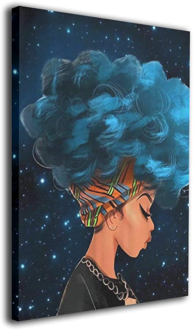 African Women with Blue Hair 8"x12" Painting Canvas Wall Art Squidward Paintings Abstract Modern Style for Living Room Bedroom Bathroom