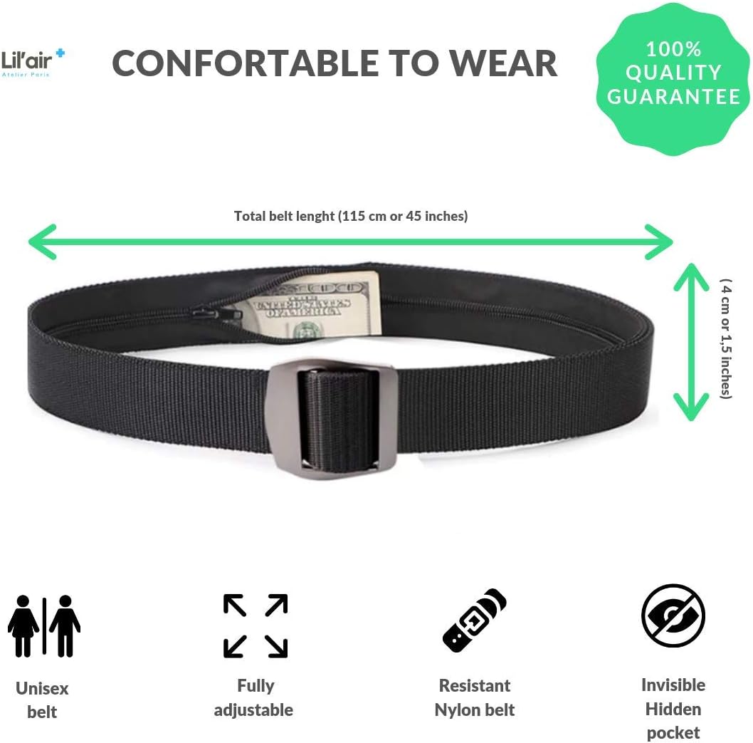  | Travel Money Belt- Travel Security Belt - Anti-Theft Money Belt with Secret Hidden Zipper - Cash Safe money Belt - Perfect for Travelling, Hiking, Camping, Airports and Work | Travel Wallets