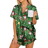 RUEWEY Women Silk Satin Pajamas Set Button Down Shirt Ruffle Shorts Set Christmas Pjs Sleepwear