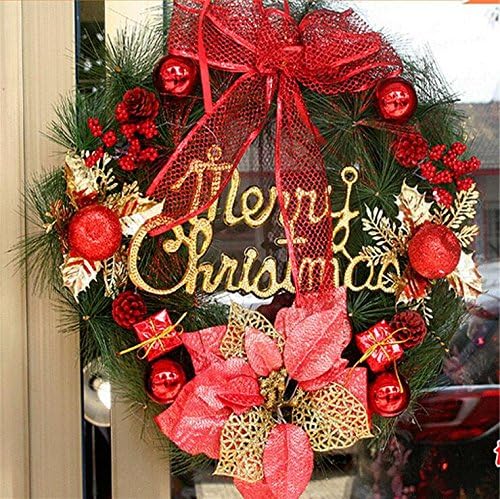 YIBOO Christmas Garland Decoration Bowknot Decorative Wreath Crest wood Spruce Annulus Party Christmas Wreath Circular Ring with Green Bristle, Cones, Red Berries Factory Direct(Red)