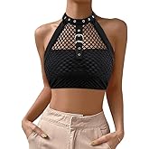 jascaela Women's Sexy Fishnet Choker Buckle Halter Crop Tank Top Backless Punk Cami Bandeau Clubwear for Rave Party