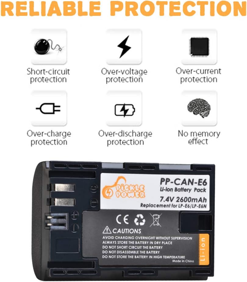 LP-E6 LP-E6N Pickle Power 2 Pcs 2600mAh 7.4V Battery & LED Dual Charger Compatible with Canon EOS 5D Mark II, 5D Mark III, 5D Mark IV, 5DS, 5DS R, 6D, 6D Mark II, 7D, 7D Mark II, 60D, 60DA, 70D, 80D.: Electronics