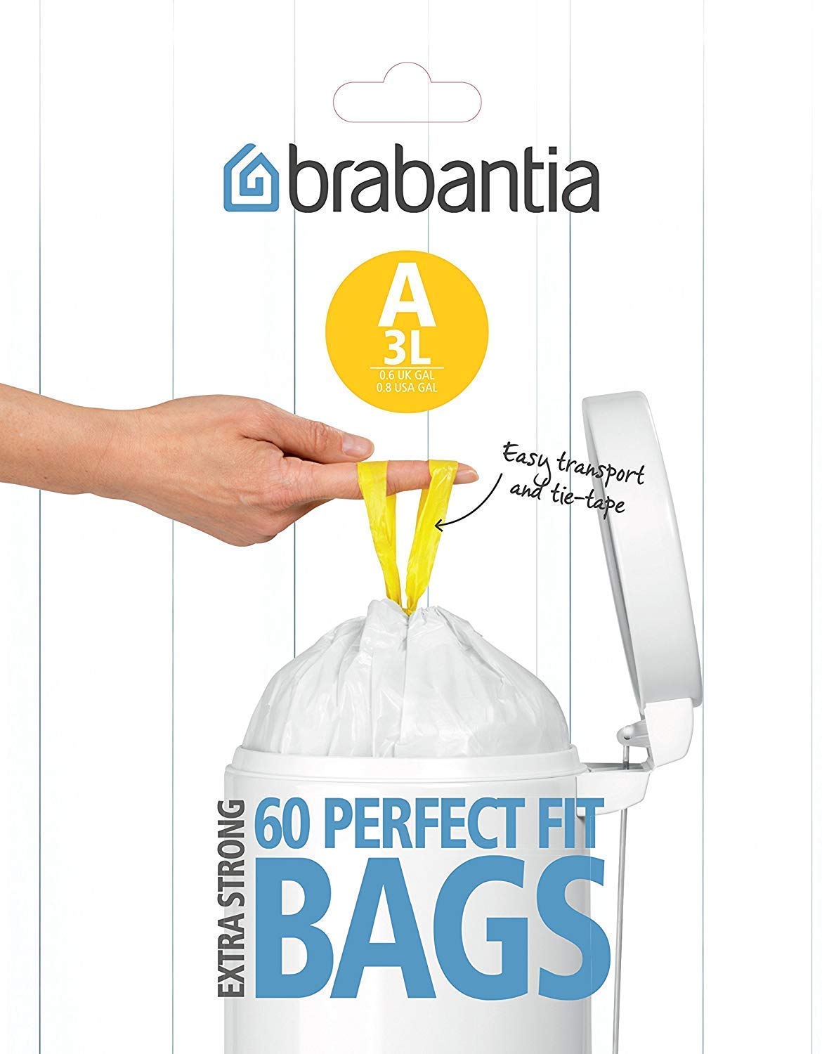 Brabantia PerfectFit Bin Liners (Size A/3 Litre) Thick Plastic Trash Bags with Tie Tape Drawstring Handles (60 Bags) — image 1