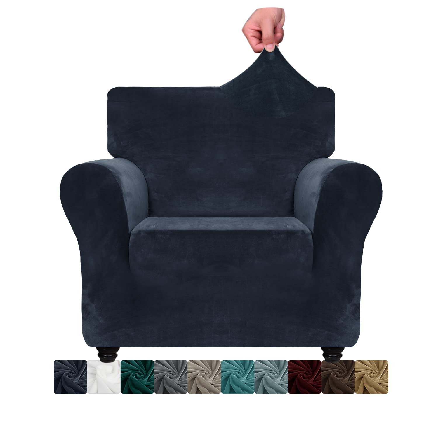 CHELZEN Velvet Chair Covers for Armchairs 1 Seater Thick Stretch Couch Covers for Dogs Pets Non-Slip Chair Slipcover with Arms Furniture Protector for Living Room (1 Seater, Navy Blue)