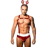 ChiaoLezhee 3 Piece Christmas Lingerie Set, Sexy Santa Claus Costume For Men, Xmas Boxers Outfits Velvet Underwear