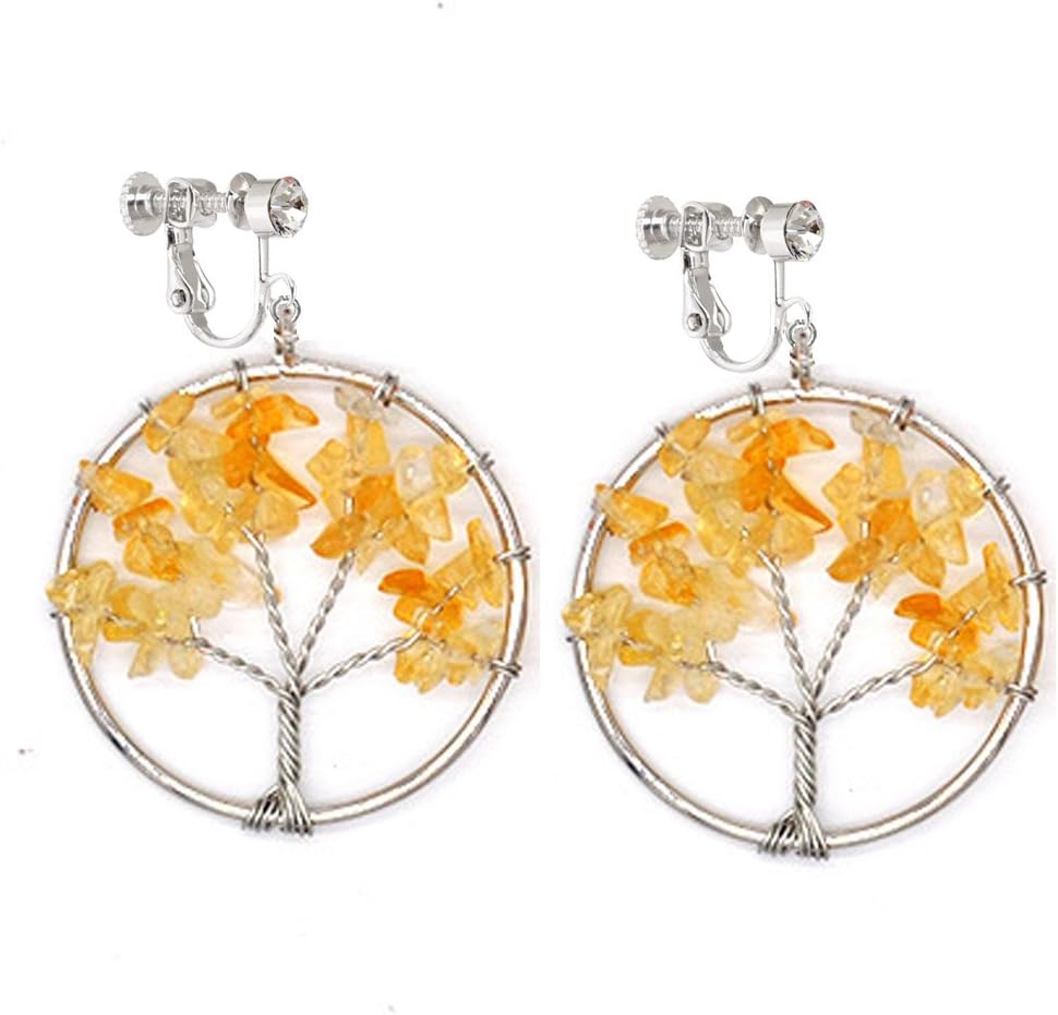 Dangle Clip on Earring Tree of Life Jewelry Amethyst Peridot Chakra Wire Wrap Gemstone for Girl